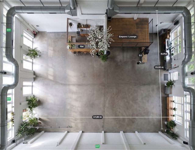 Saalplan Kabelwerk – Grundriss zur Bestuhlung (Leerer Saal · ≈ 267 m² · bis 200 Gäste)